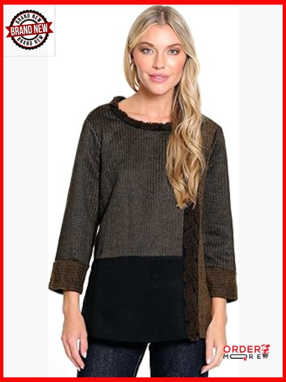 Mixed Media Knit Tunic Asymmetric Hem Pocket and Buttons Detail